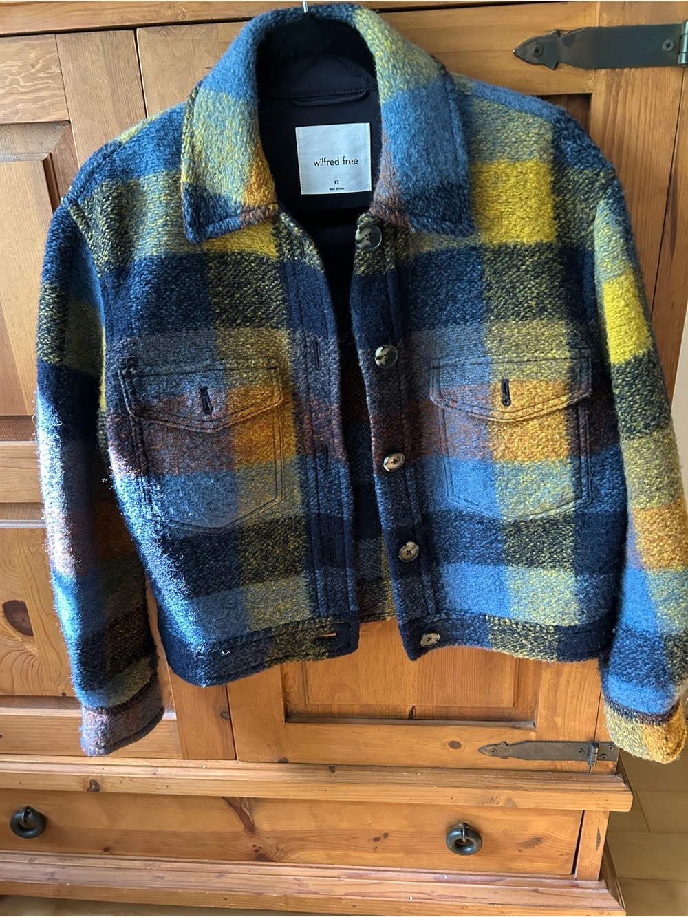 Wilfred Free Plaid Wool Button-Up Jacket - Navy, Yellow & Orange